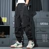 Herren schwarze Cargohose mit mehreren Taschen, Kordelzugbund, elastischer Bund, lässige Outdoor-Hose