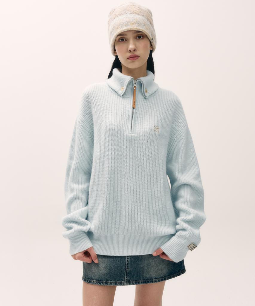 Seteo Button-Up Sailor Half Knit Zip-Up Light Blue