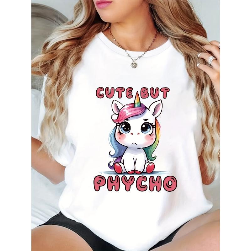Womens Emotional Unicorn Floral Print Round Neck Short Sleeve Casual T Shirt Spring Summer European Size