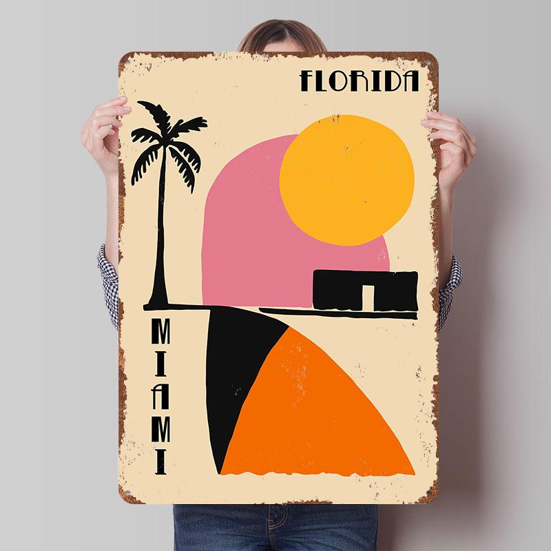 Florida Miami Abstract Travel Tinplate Poster Custom Wall Art Vintage Metal Signs Retro Tin Plaque for Home Decor Living Room