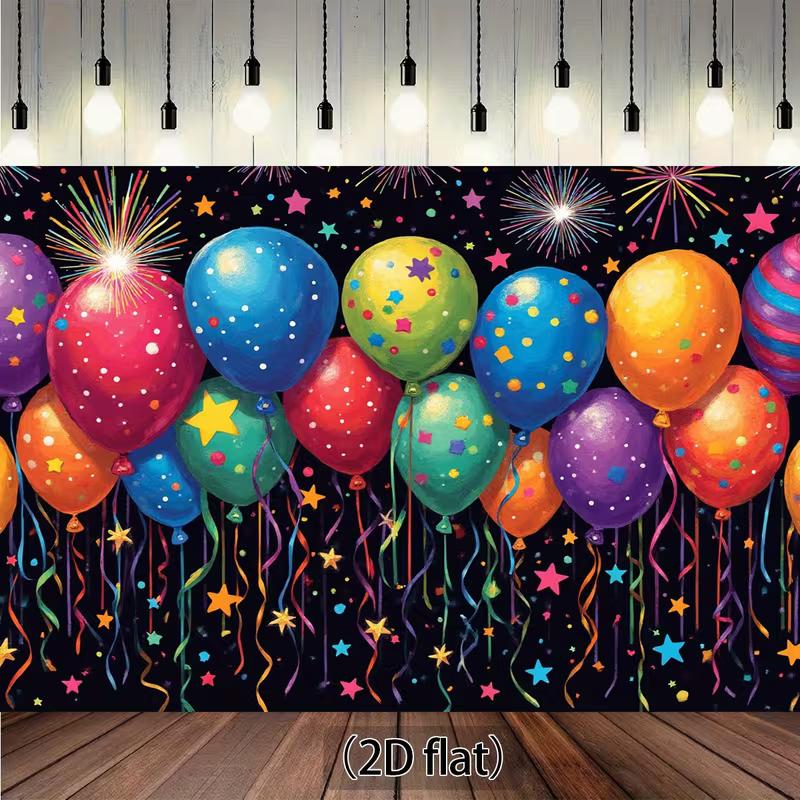 2D Kids Party Backdrop, Bright Balloons with Confetti and Fireworks Decoration Background
