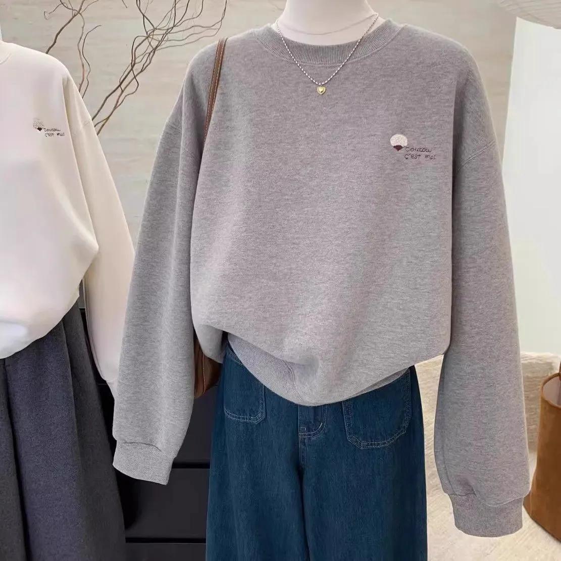 

Sweatshirt Embroidered Retro Versatile Autumn Winter Warm Korean Style Casual Loose Thickened Long-sleeved Round Neck Casual Top L сірий колір
