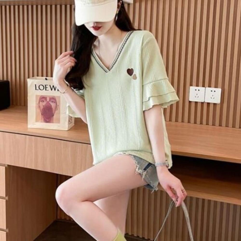 NaVaVa V Neck Cable KniT ShorT sleeVe T shirT hearT Embroidery nT2616