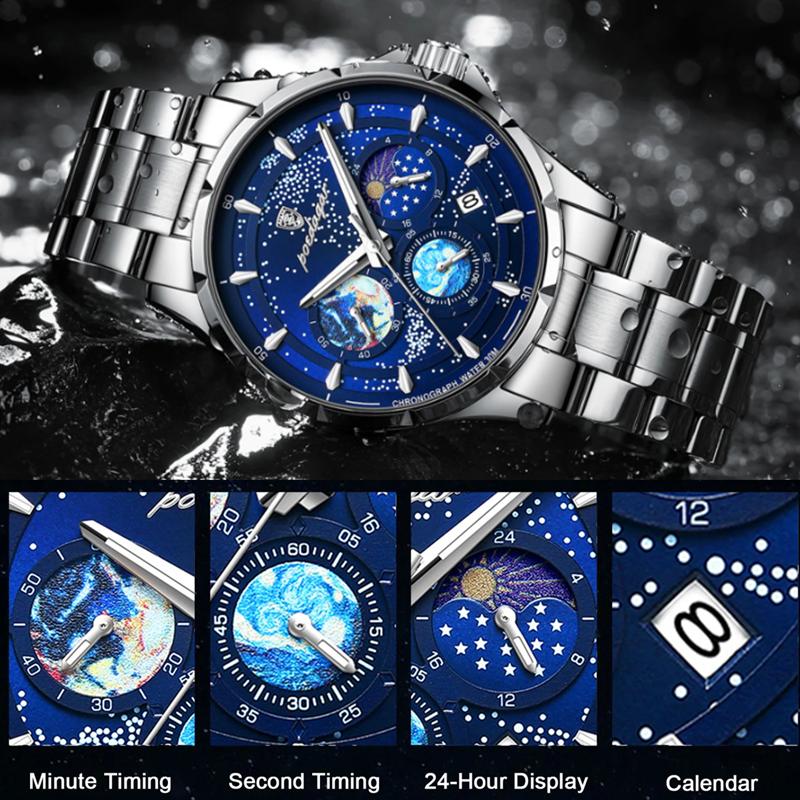 POEDAGAR Luxusní pánské náramkové hodinky Luminiscenční Vodotěsné Chronograf Datum Pánské hodinky Nerezová ocel/Kožený řemínek Pánské křemenné hodinky