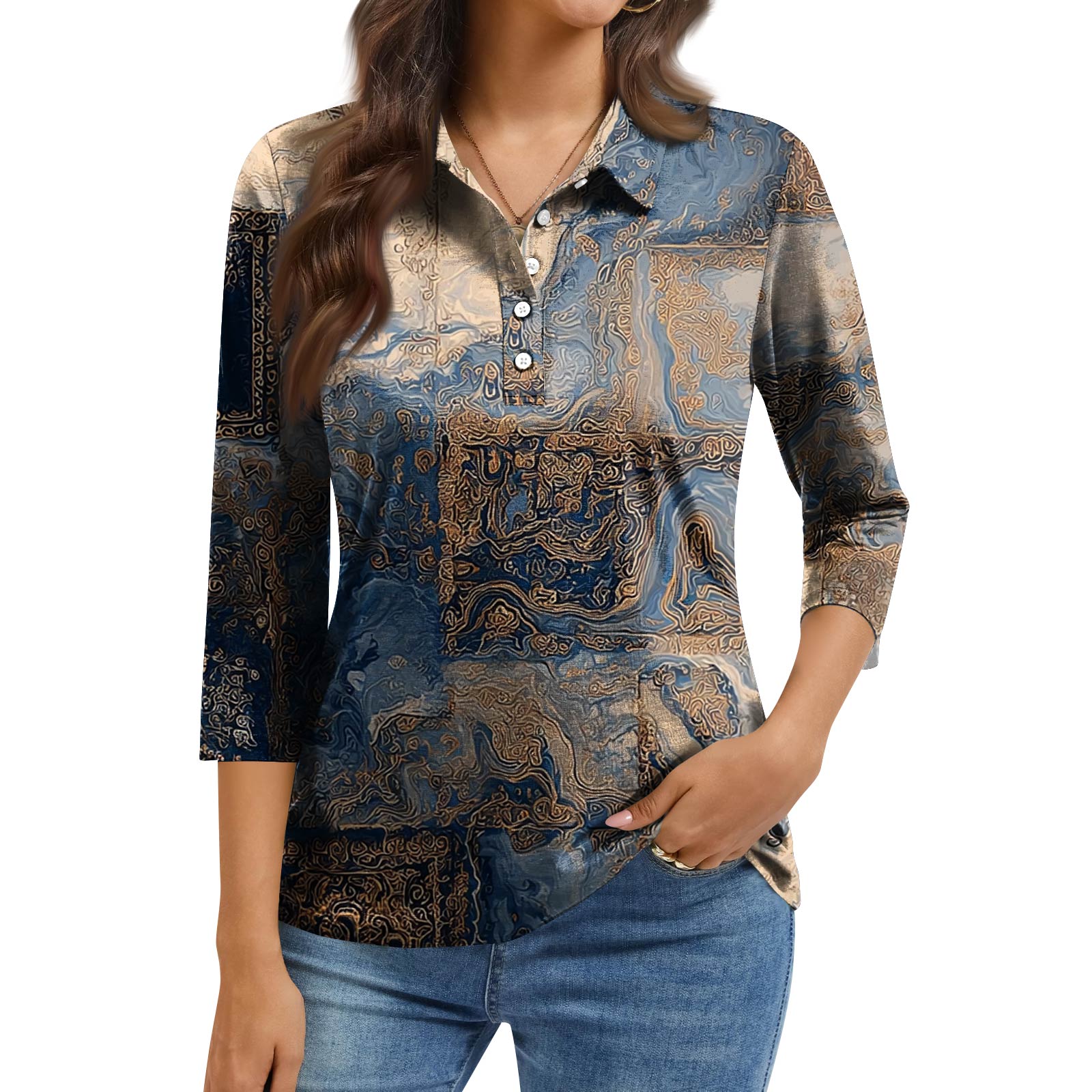 

Women s Fashion Casual Lapel Short 3/4 Sleeve Print Shirt Women s Button Up Tops XL світло-синій колір