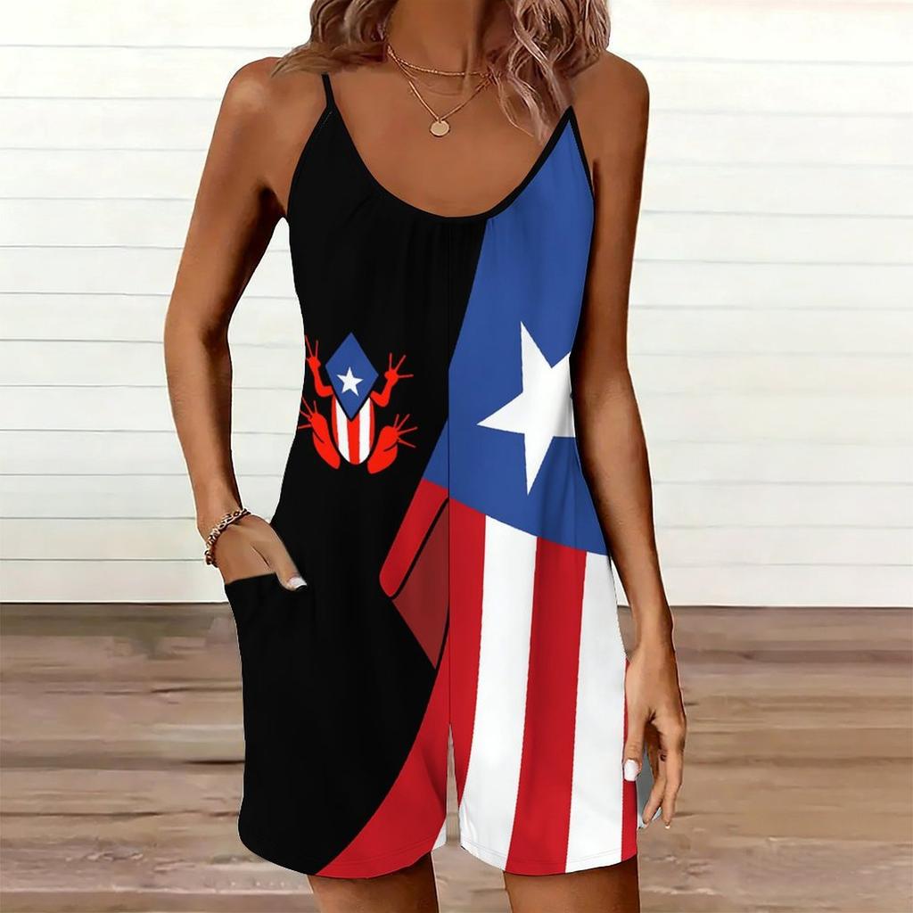 Womens Sleeveless Spaghetti Strap Romper Star Flag Print Pocket Short Jumpsuit
