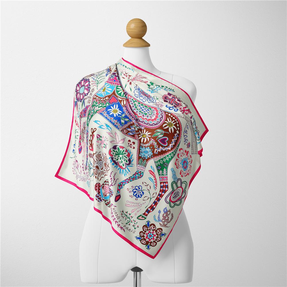 Twill Silk Scarf Woman Horse Floral Print Square Scarves Wraps Bandana Small Hijabs Foulards Lady Tie Headband Neckerchief 53CM