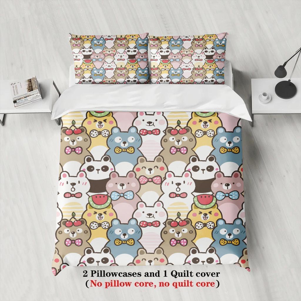 3Pcs Bear Bowknot Bedding Sets 3D Printed Cute Cartoon Bear Dormitory Twin Size For Students Duvet Cover Sets With 2Pillowcases