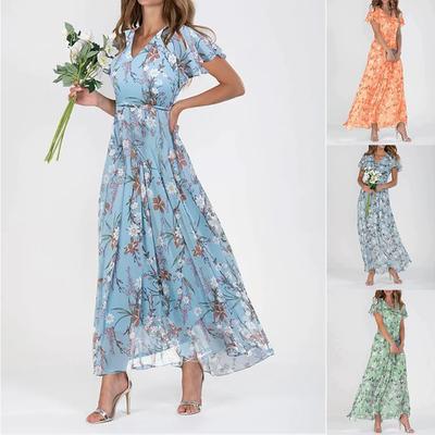 Damen Sommer Maxi Kleid V-Ausschnitt Kurzarm Langes Kleid Lässig Geblümt Hohe Taille A-Linien Kleid