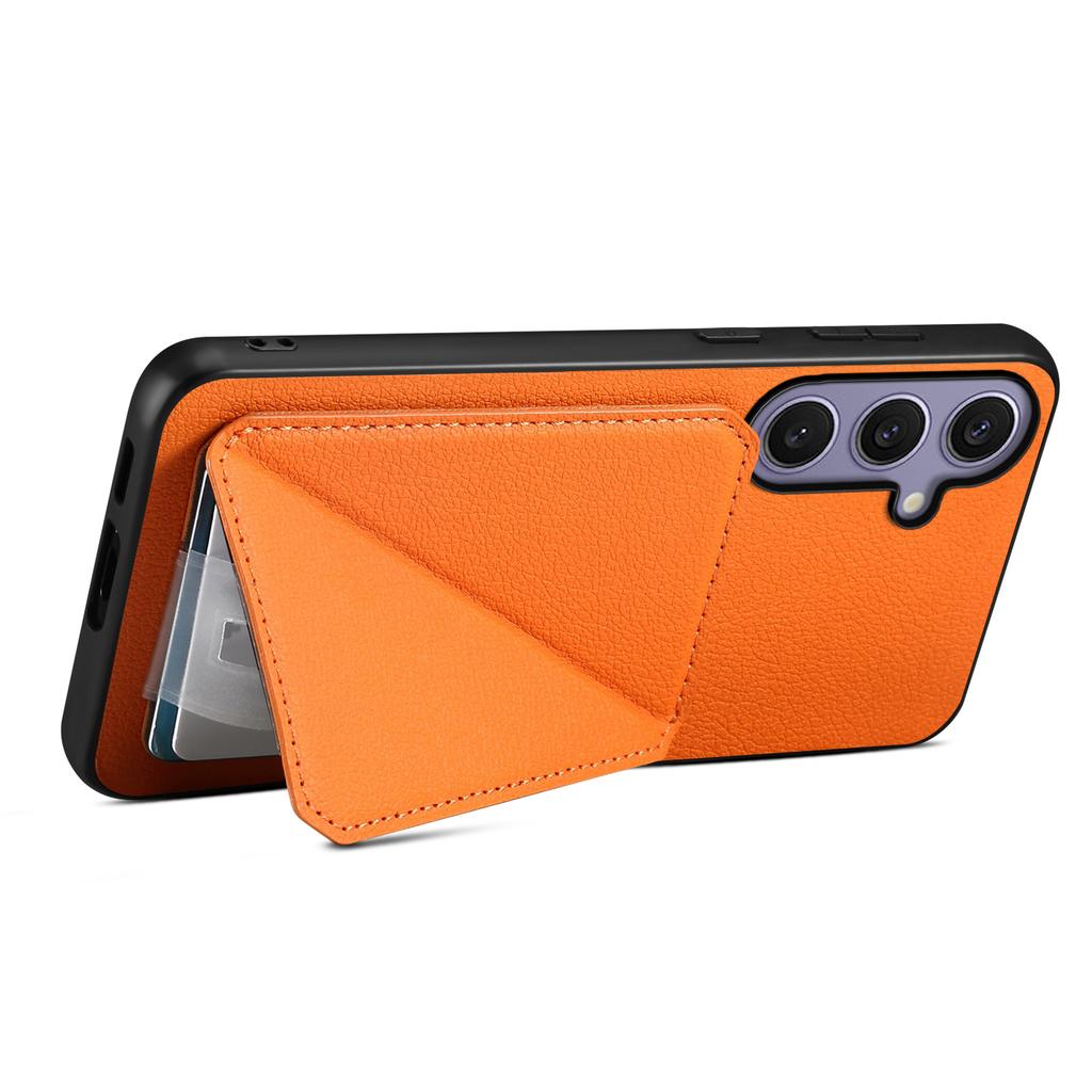 For Samsung Galaxy S25+ Case Card Holder Kickstand Calf Textured Leather + PC + TPU Phone Cover