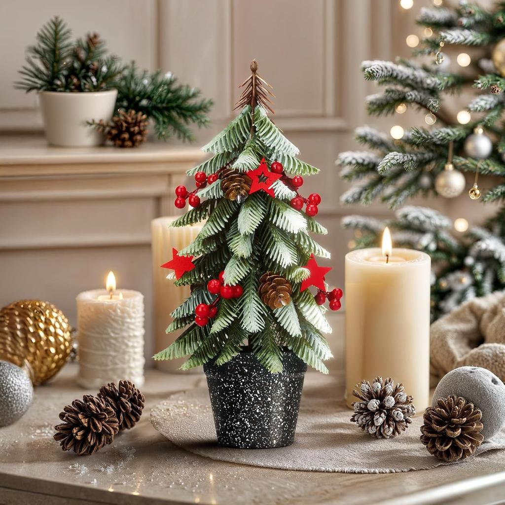 12 Inch Curved Christmas Tree with Red Balls, Mini Artificial Xmas Tree for Tabletop Holiday Decor