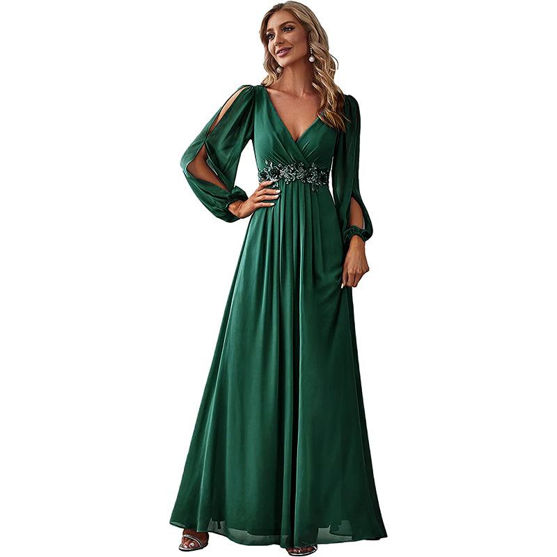 European and American Cross-border Women's Clothing Amazon eBay Dress Banquet V-neck Long Dress Evening Dress Waist Celebrity Style