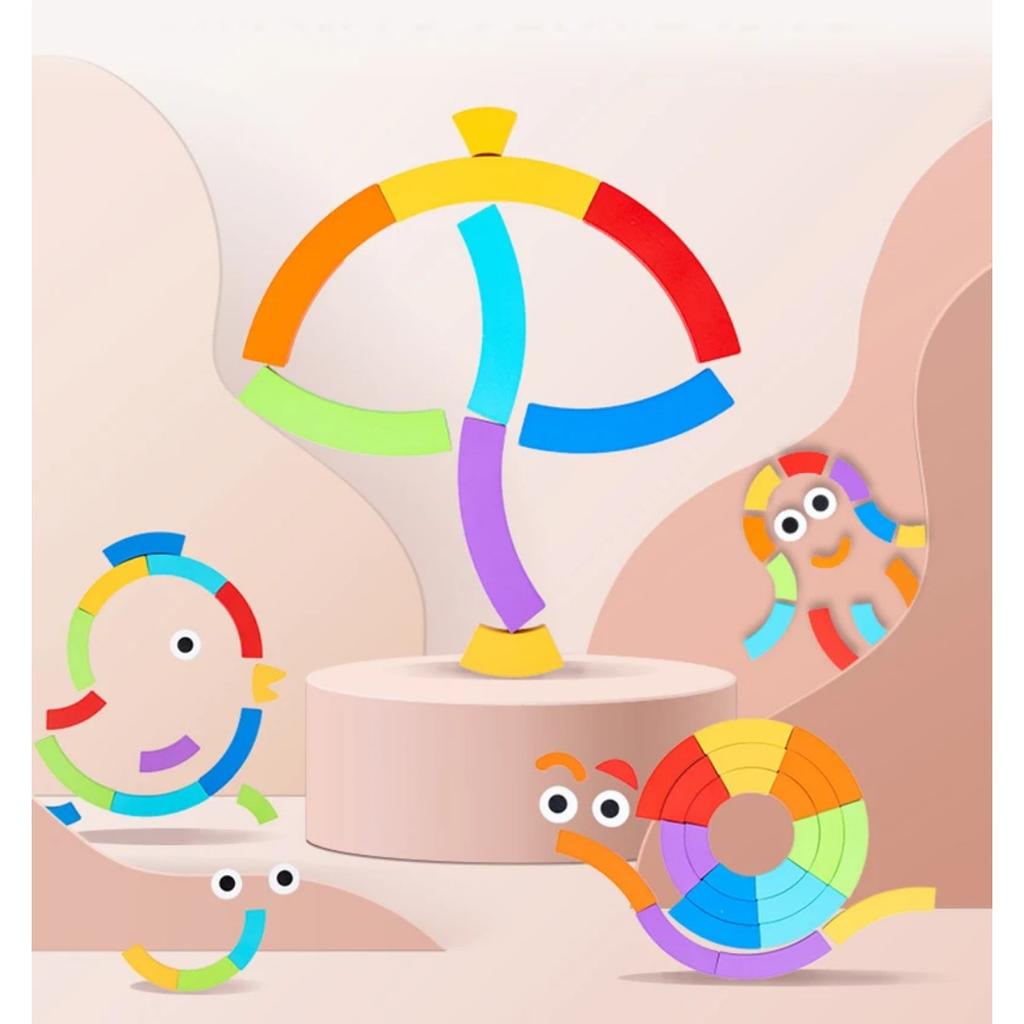Children DIY Jigsaw Puzzle Rainbow Sensory Wooden Toys Tangram Puzzle Toys Montessori Education Imagination Shape Matching Games