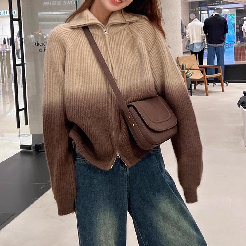 Gradual change of color Soft waxy knitted zipper shirt 2025 autumn new sweater jacket women's long-sleeved niche design cardigan