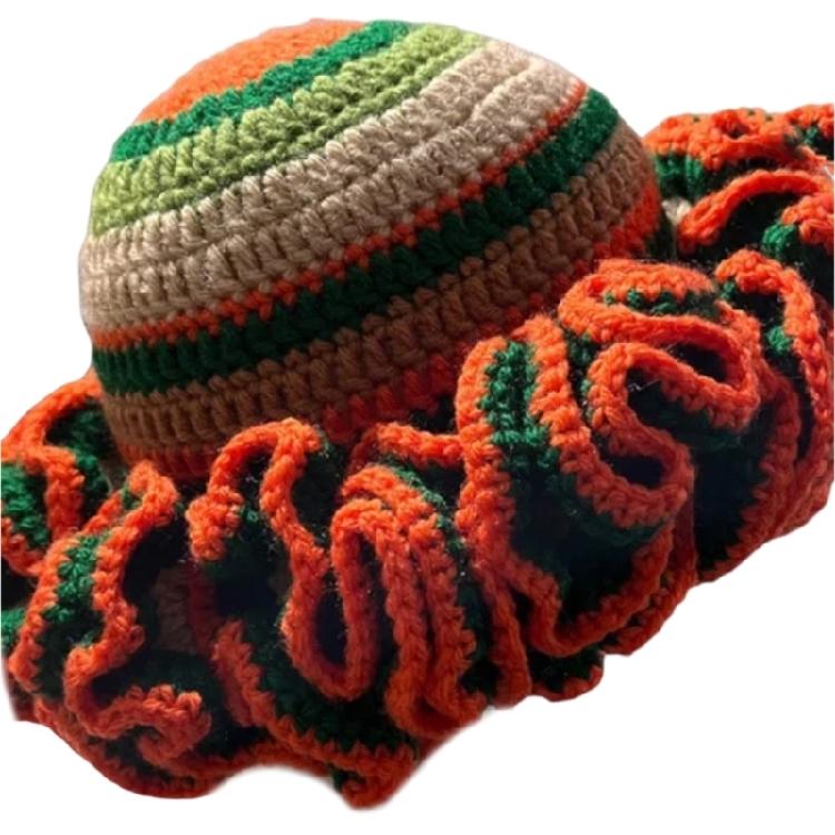 Handcrochet Bucket Hat for Women with Patchwork Ruffle Trim Elegant Fisherman Hat Photography Travel Floppy Bucket Hat