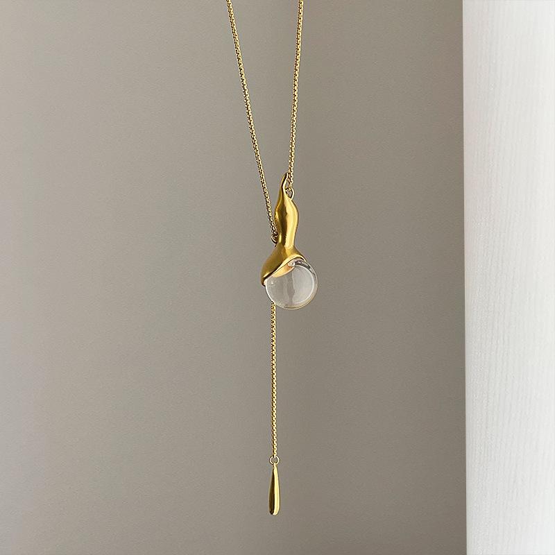 

Charming Gold Silver Copper Sweater Chain Pendant Necklaces For Women Natural Tiger Eye Stone Clear Glass Gourd Jewelry 70cm