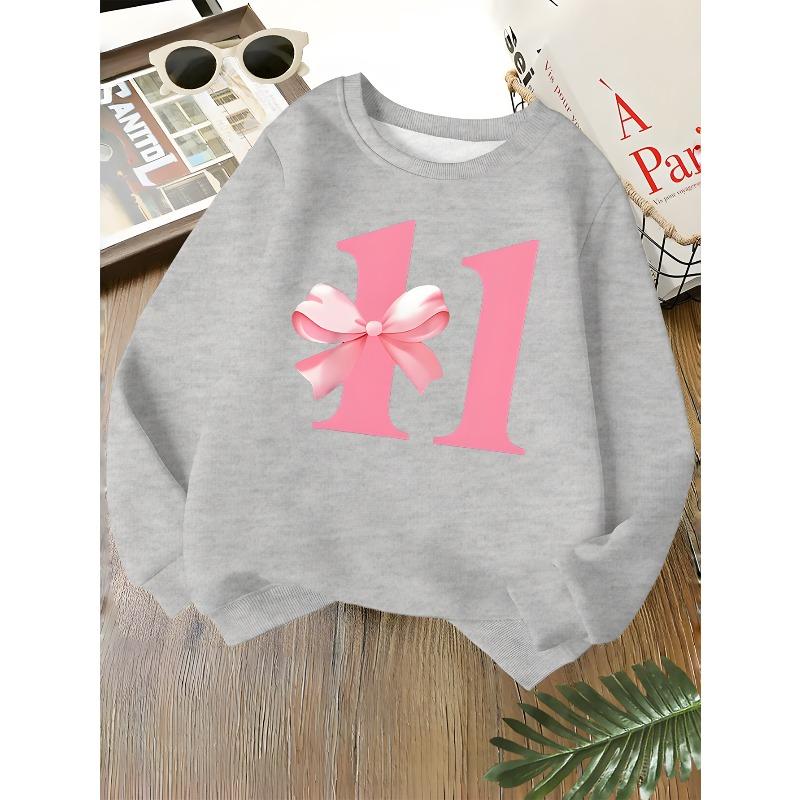 Kids Unisex Crewneck Sweatshirt, Cute Pink Bow Number 11 Birthday Print Soft Fleece Long Sleeve Pullover For Boys Girls Over 4 Years Old