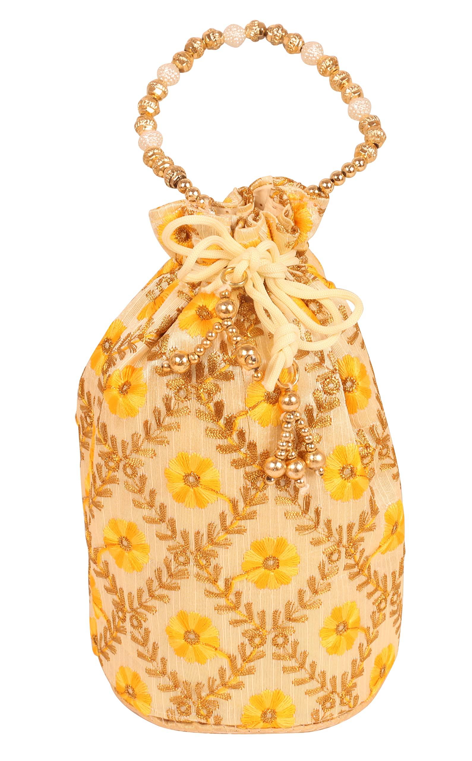 

Индийские кожаные бусины Ручная вышивка Вечерняя сумочка на кулиске Винтажная для вечеринки Свадебный подарок для женщин, цвет подсолнечно-желтый золото [INDTRESOR].