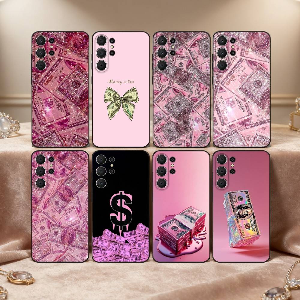 P-Pink D-Dollars Banknote Phone Case For Samsung S25,S24,S21,S22,S23,S30,Ultra,S20,FE,Lite,10,9,Black Cover