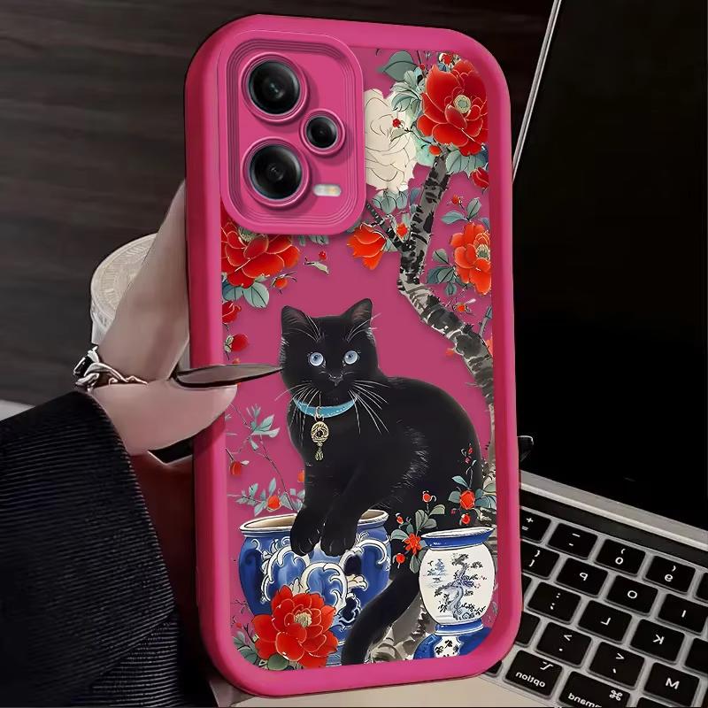 Black Cat Flower Artistic Phone Case For Redmi Note 13 12 Pro Plus 5G 13 12 Pro 4G 5G 11 10 Pro 12S 5G 11S 10S Redmi 13C 12 5G
