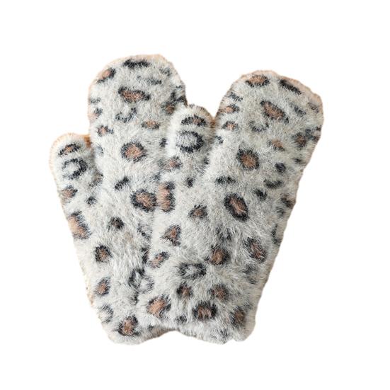 1 Pair Winter Mittens Leopard Print Warm Plush Gloves Soft Thickened Cold-Proof Skiing Travel Gloves
