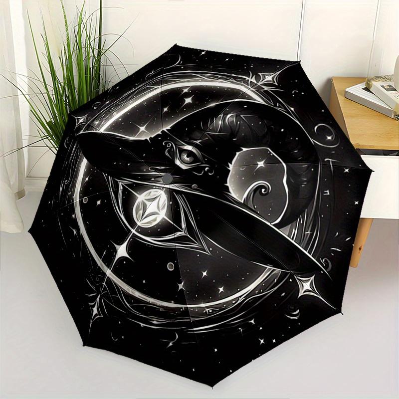 1pc Witch's Hat Illuminated by Stars and Moonlight Durable Cartoon Folding Umbrella, Portable 3-Fold Compact Umbrella for Men and Women, Suitable