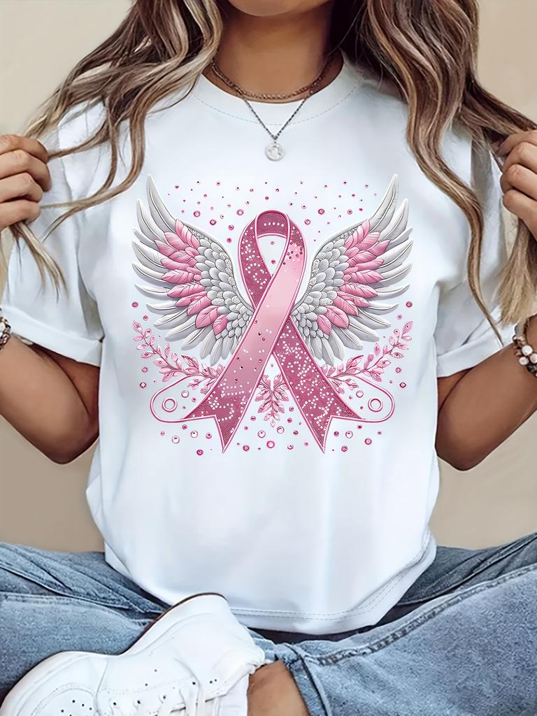 Breast Cancer Awareness Print Short Sleeve Regular Fit Crew Neck TShirt for Women Summer Outdoor Casual Wear Breathable Fabric