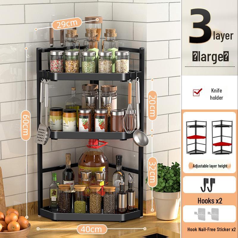 Corner Wall-Mounted Kitchen Spice Rack - No-Drill, Triangle Design for Countertop and Pendant Storage.