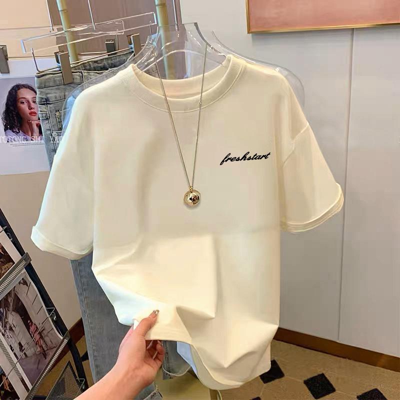 

абрикосовый чистый хлопок внутренний с надписями на плече спереди футболка с коротким рукавом женская 2025 лето новая европейская свободная майка базовая футболка M S