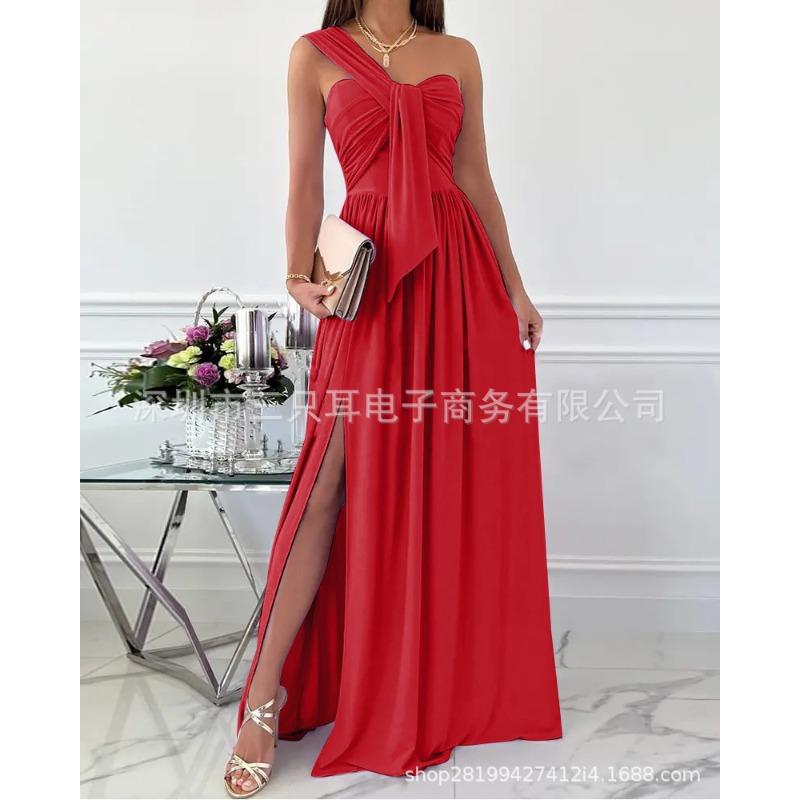 Wish summer simple sleeveless off-the-shoulder hem split dress women S