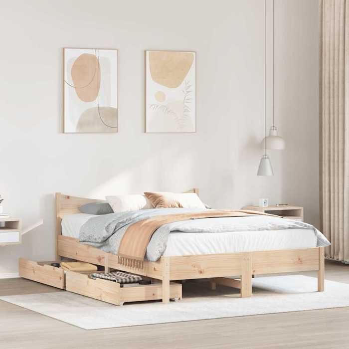 VidaXL Bed Frame with Drawers 135x190 Cm Solid Pine Wood, Slatted Base, Double Bed Frame, Solid Wood Bed Frame, 3301920