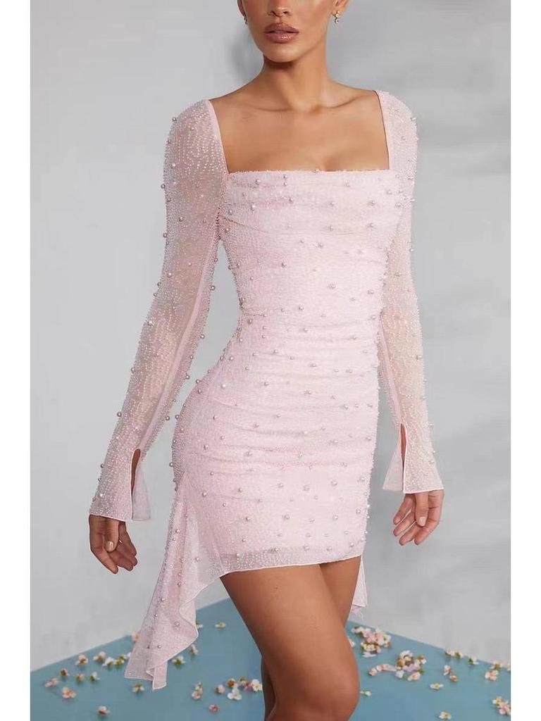 2024 Europäisch-Amerikanische Mode Frühling/Sommer Langärmeliges Kleid mit Perlenverzierungen