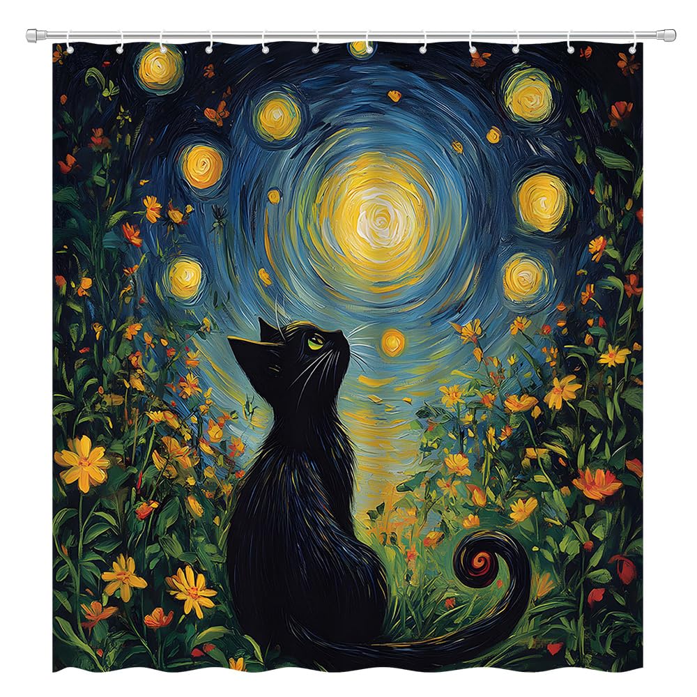Funny Starry Night Cat Shower Curtain, Abstract Oil Painting Kitten Wildflower Waterproof Fabric Curtain W60H190(CM)-1 Pcs