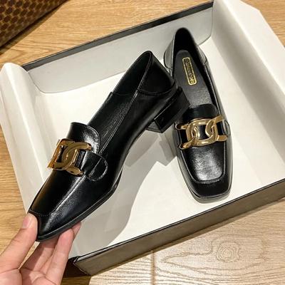 Loafers Women's Leather Shoes 2024 New Flat Sole Single Shoe Women Shoes Large Size Pumps Square Toe Square Heel  Low (1cm-3cm)