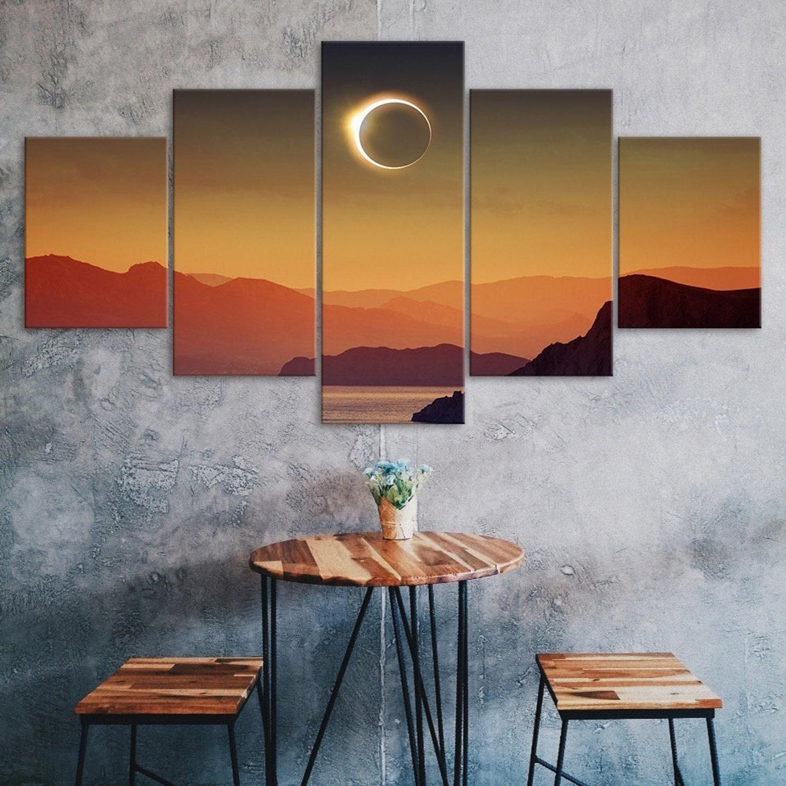 

Total Solar Eclipse Canyon Lake Mountain Islands 5 Piece Five Panel Canvas Print Modern Wall Art Poster Home Decor Gift For Him For Her 20X35 20X45 20X55CM