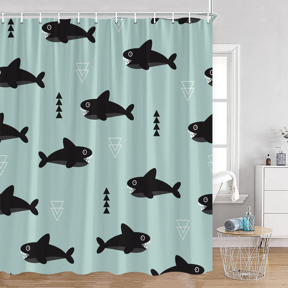 Ocean Animals Nautical Cartoon Shower Curtains Tropical Fishes Sharks Shell Sea Turtle Bathroom Decorations Kids Bath Curtain Wi