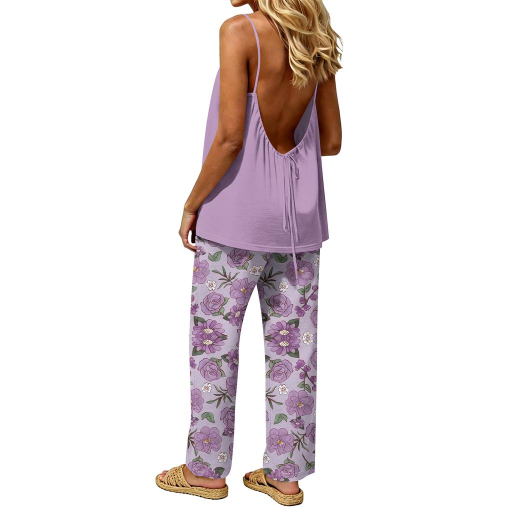 Women's Color Backless Sleeveless Pullover Top & Elastic Waist Pants Set, Casual Loungewear
