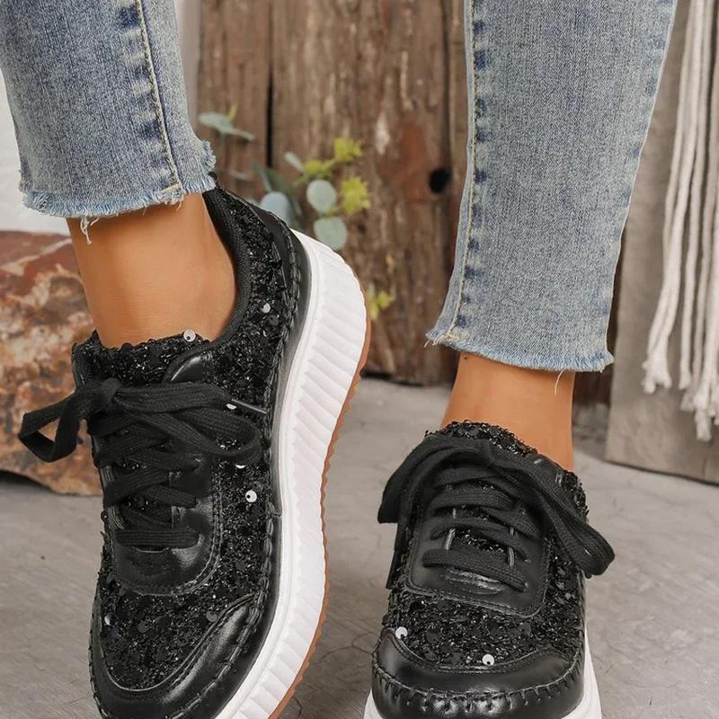Fashion Rimocy Fashion Glitter Platform Sneakers Women Spring Lace Up Pink Sports Shoes Woman Plus Size 43 Thick Bottom Walking Shoes