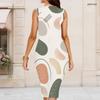 Women Plus Size Round Neck Sleeveless Geometric Printed Bodycon Midi Dress