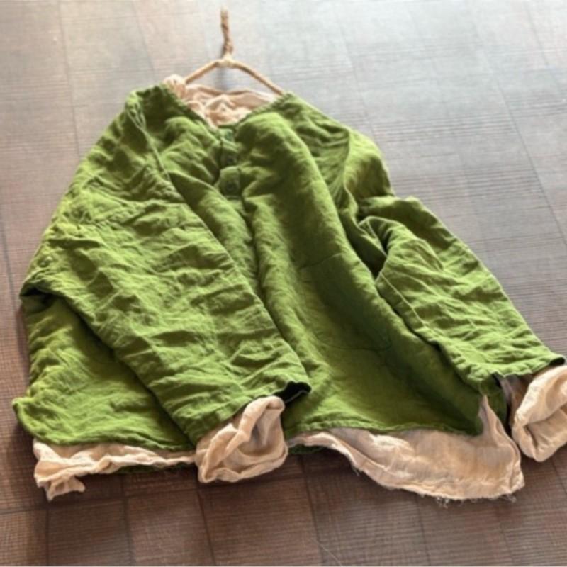 Johnature Women Vintage Shirts Solid Color O-Neck Long Sleeve Autumn Button Loose Soft Female Blouses