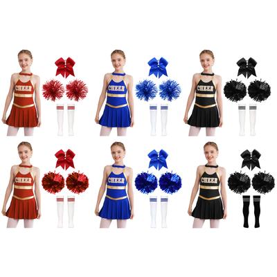 Girls Cheerleading Uniform Dance Costume Kids Sleeveless Dance Dress Flower and Headwear Socks