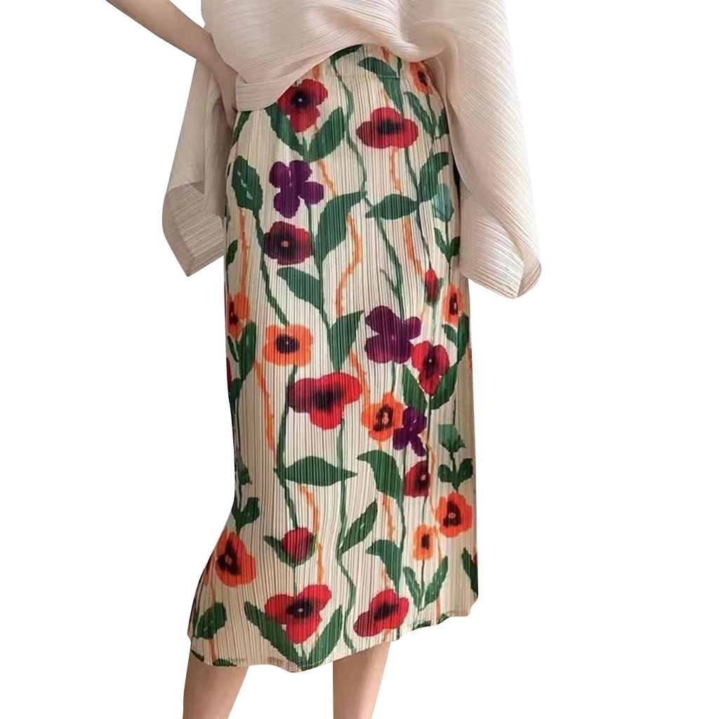 Ladies' Fashionable Midi Skirt With Pleated Print And Elastic Waist, Mid Length Skirt