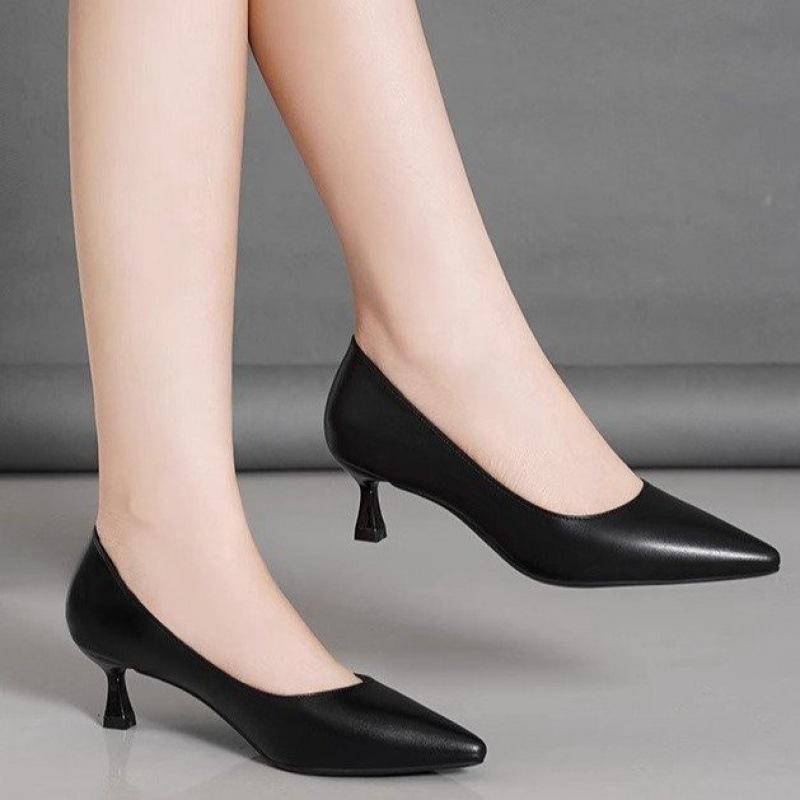 Real soft leather medium heel single shoes women's pointed head thin heel professional work shoes versatile soft sole black formal work high heels