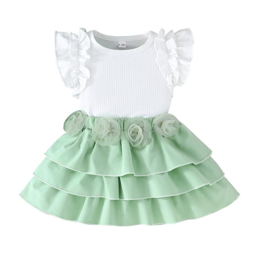 6M-3Y Baby Girl Summer Suit Baby Girl Short-sleeved Top + Mesh Flowers Layered Cake Skirt Girls Bustier Skirt