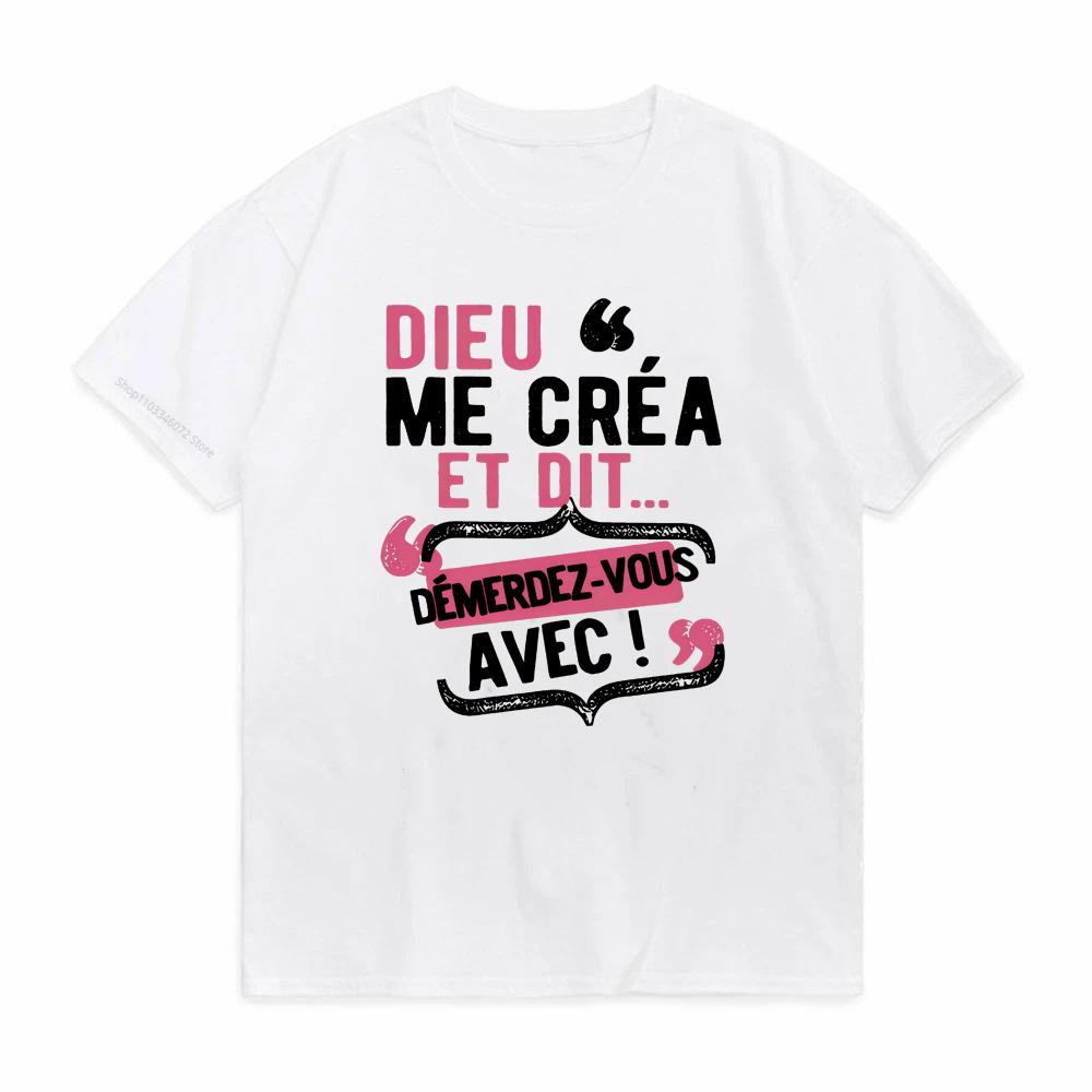 WomenS Casual Round Neck TShirt with French Quote Dieu Me Cest Mon Saint Playful Letter Print Short Sleeve Top for tees