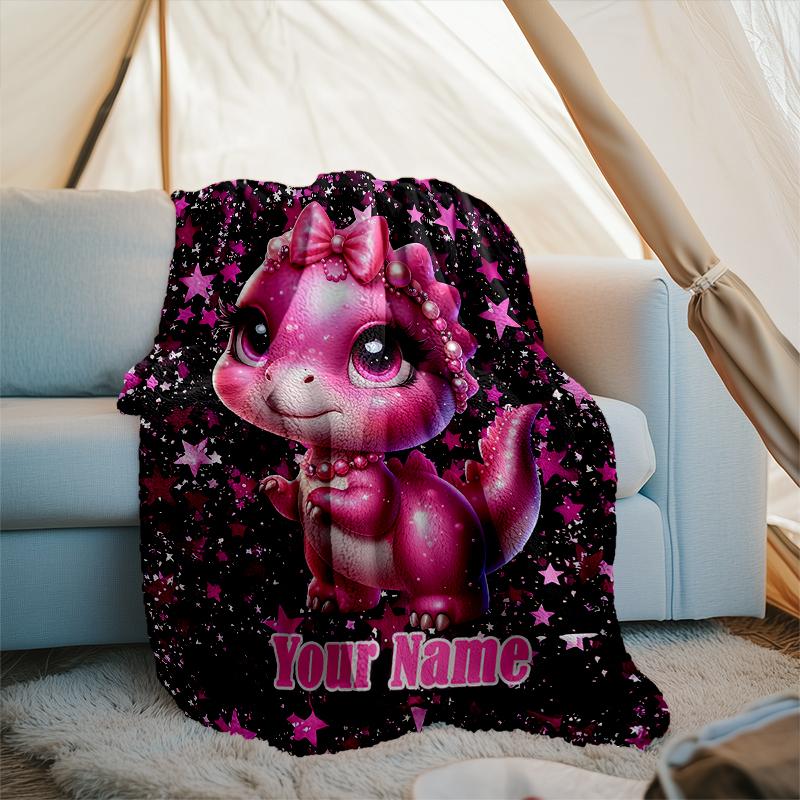 1PC Custom Name Pink Dinosaur Sparkle outdooor Flannel blankets Patterns Throw Blanket All-Season Soft Gift for Couch, Bed, Camping gifts