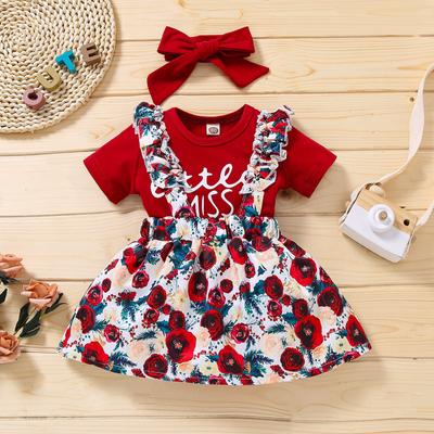 Infant  Letter Romper Bodysuit+Floral Suspender Skirt Headbands Outfits