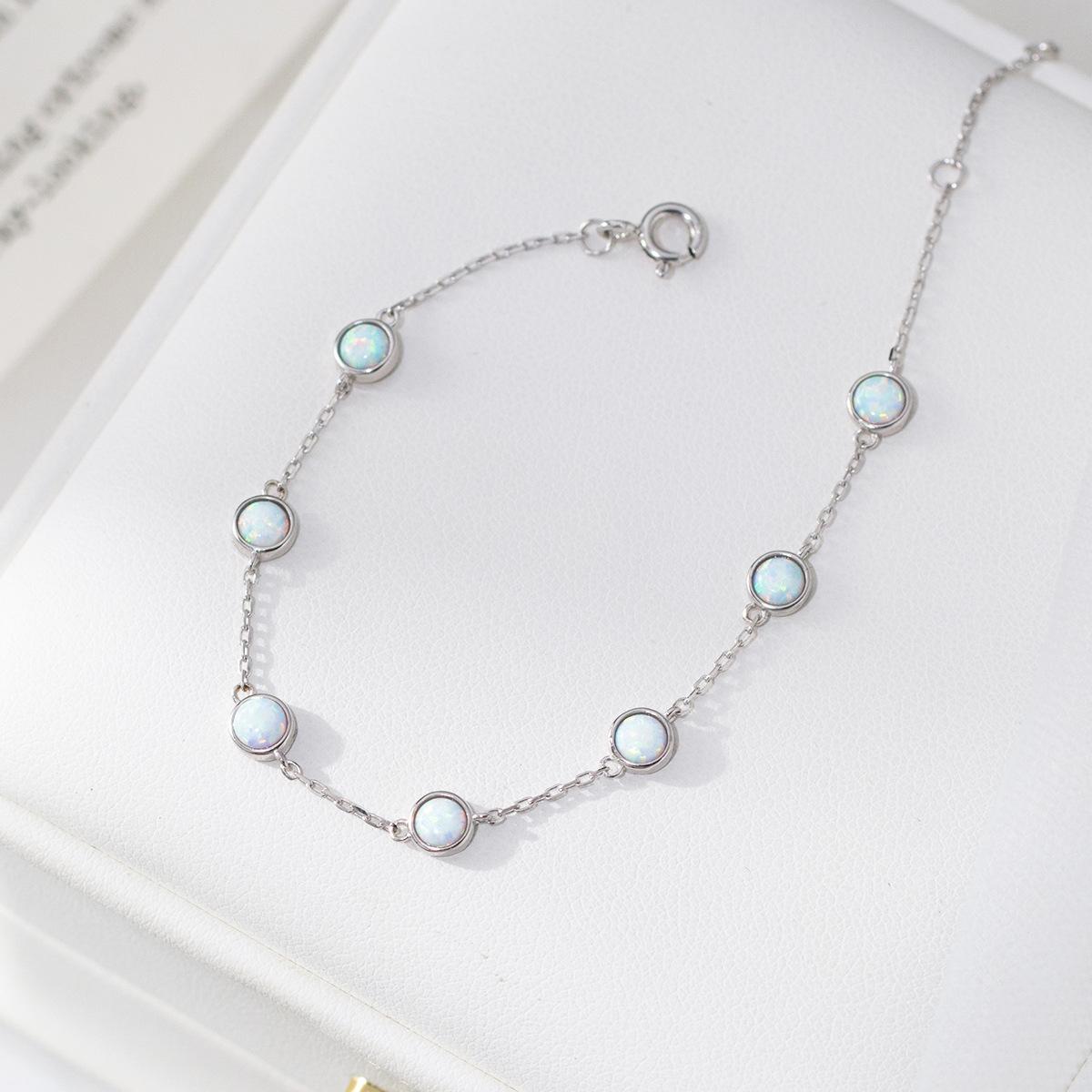 925 Sterling Silver Opal Station Bracelet for Women Dainty 18K Gold Plated Round White Opal Link Bracelet Jewelry 15+3.5cm