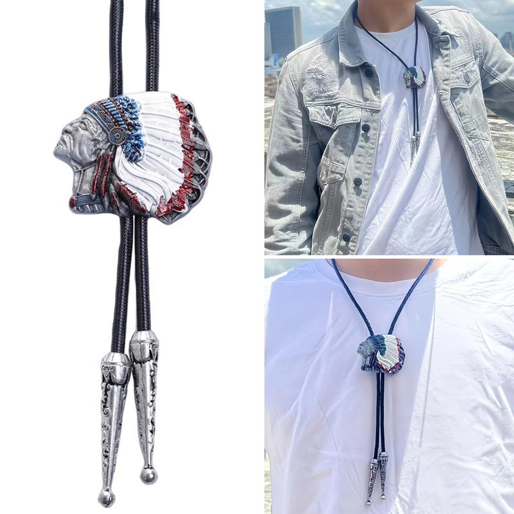 Mens Western Shirt Collar Necktie American Bolo Tie Indian Head Feathered Pendant Cowboy Necklace Jewelry Shirt Chain