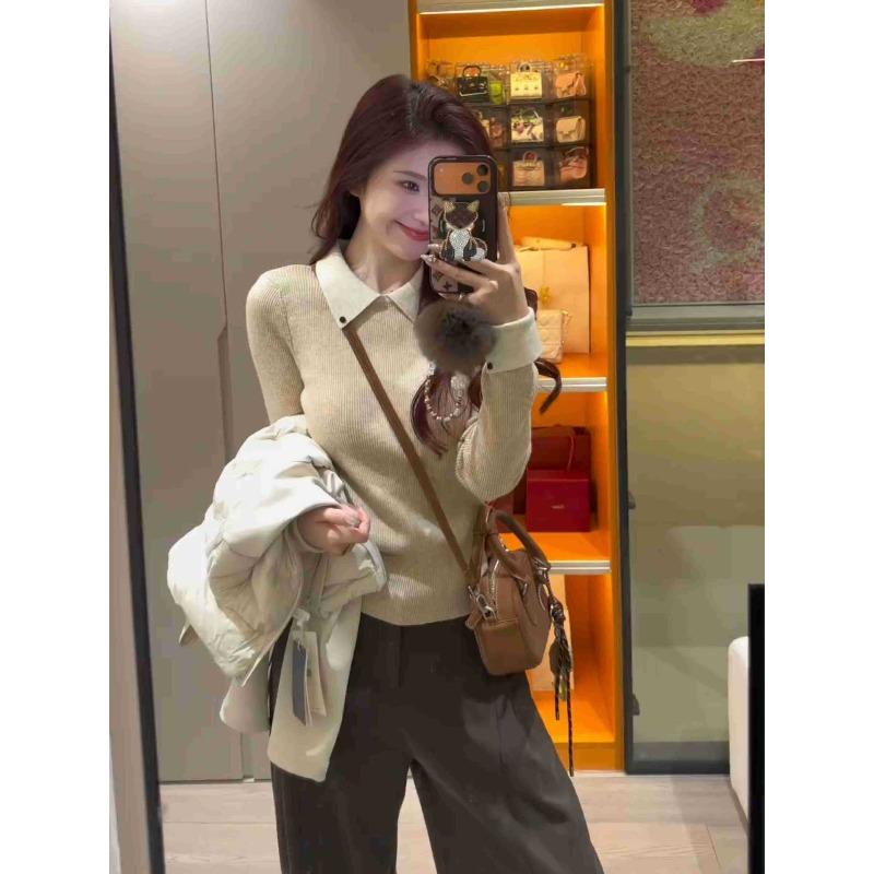 olo lapel contrasting color knitted sweater women's autumn and winter new slim-fitting front shoulder soft waxy long-sleeved inner top sweater